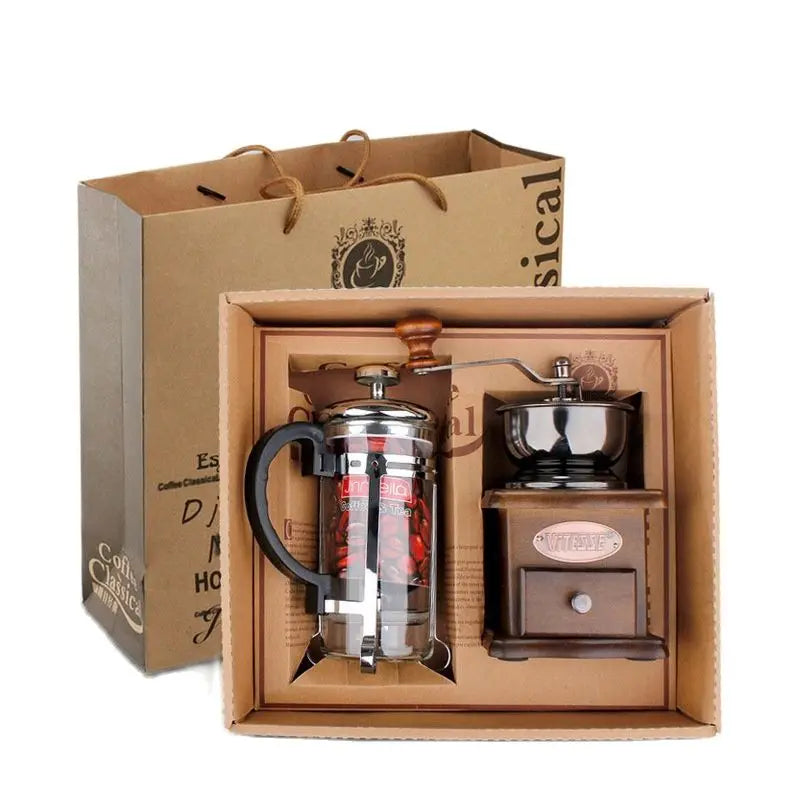 Coffee-making set with a French press and grinder in a branded box.