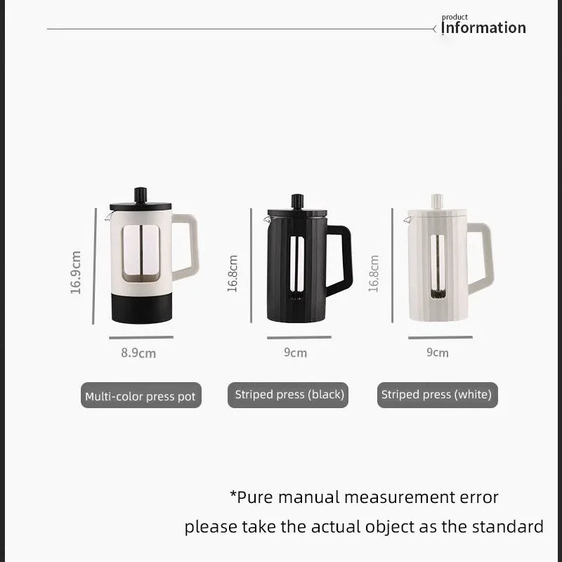Measurement chart of three different press pots with dimensions and color labels.