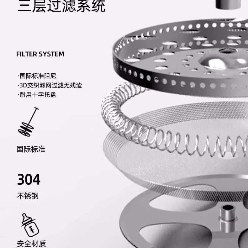 Technical product graphic showing a stainless steel filter system with layered components, including a perforated disc, mesh spring, and circular metal parts, with Chinese and English text describing the filter system and 304 stainless steel material.