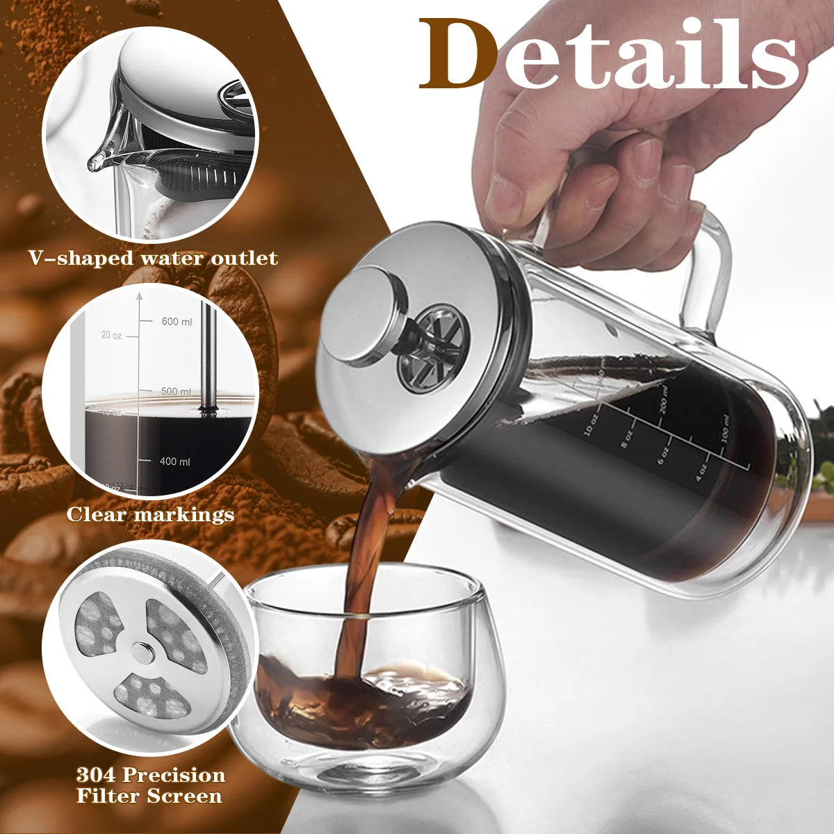 A clear glass and stainless steel pour-over style coffee carafe with a hand holding the handle, with coffee being poured into a clear glass cup. The image includes callout circles labeled 'V-shaped water outlet,' 'Clear markings,' and '304 Precision Filter Screen,' plus the word 'Details' in the top right.