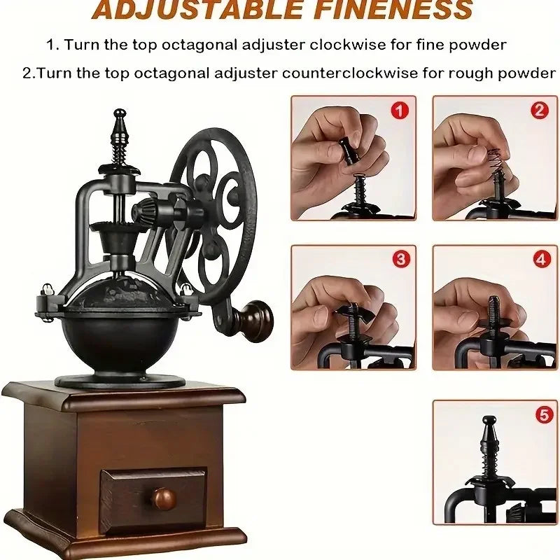 Wooden manual coffee grinder with adjustable fineness mechanism and usage instructions.