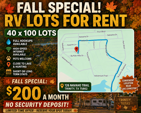 Promotional graphic for RV lots for rent in Trinity, TX, featuring a map of the property, pricing of $200 a month, and seasonal fall-themed text and autumn imagery.