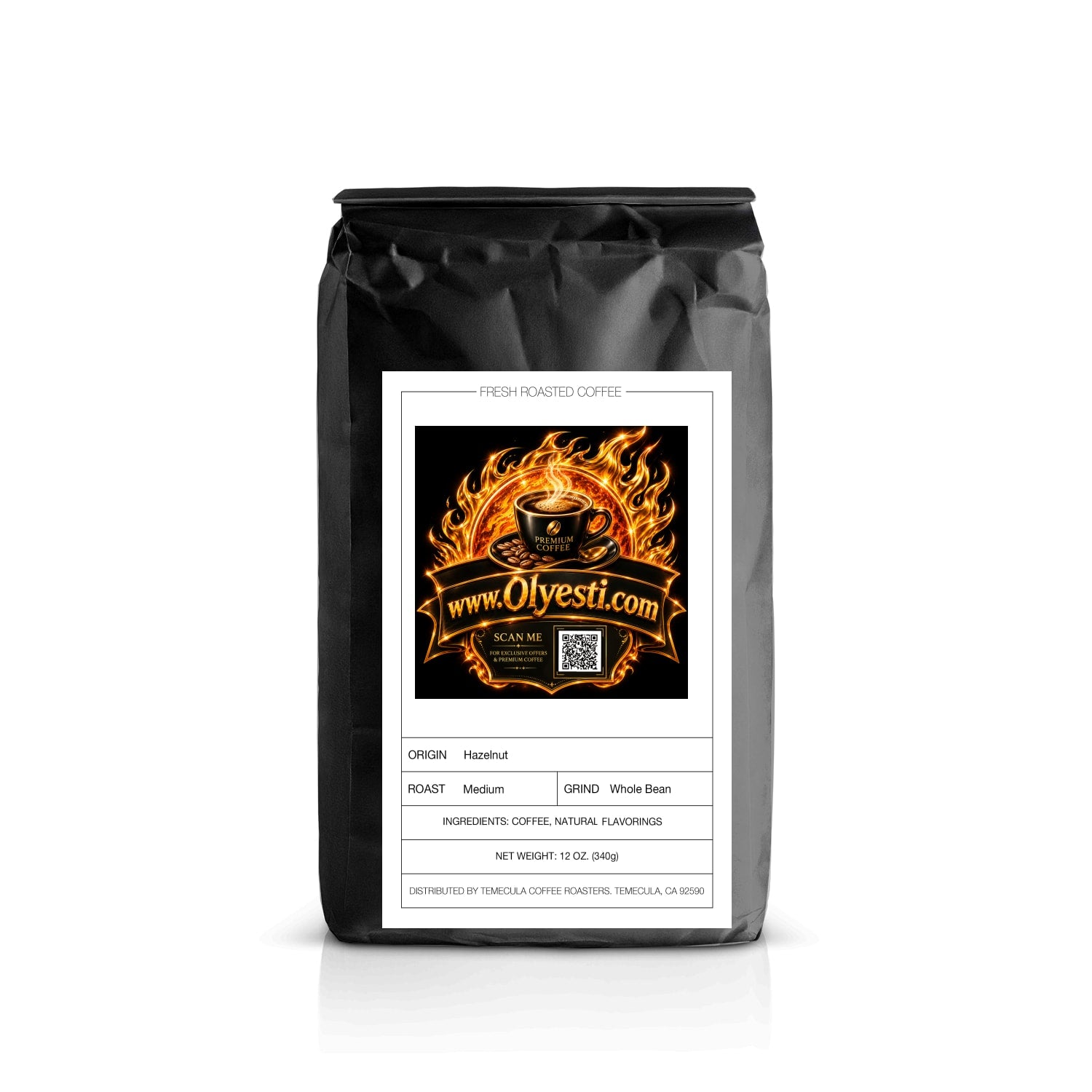 Black coffee bag with a gold label on a white background