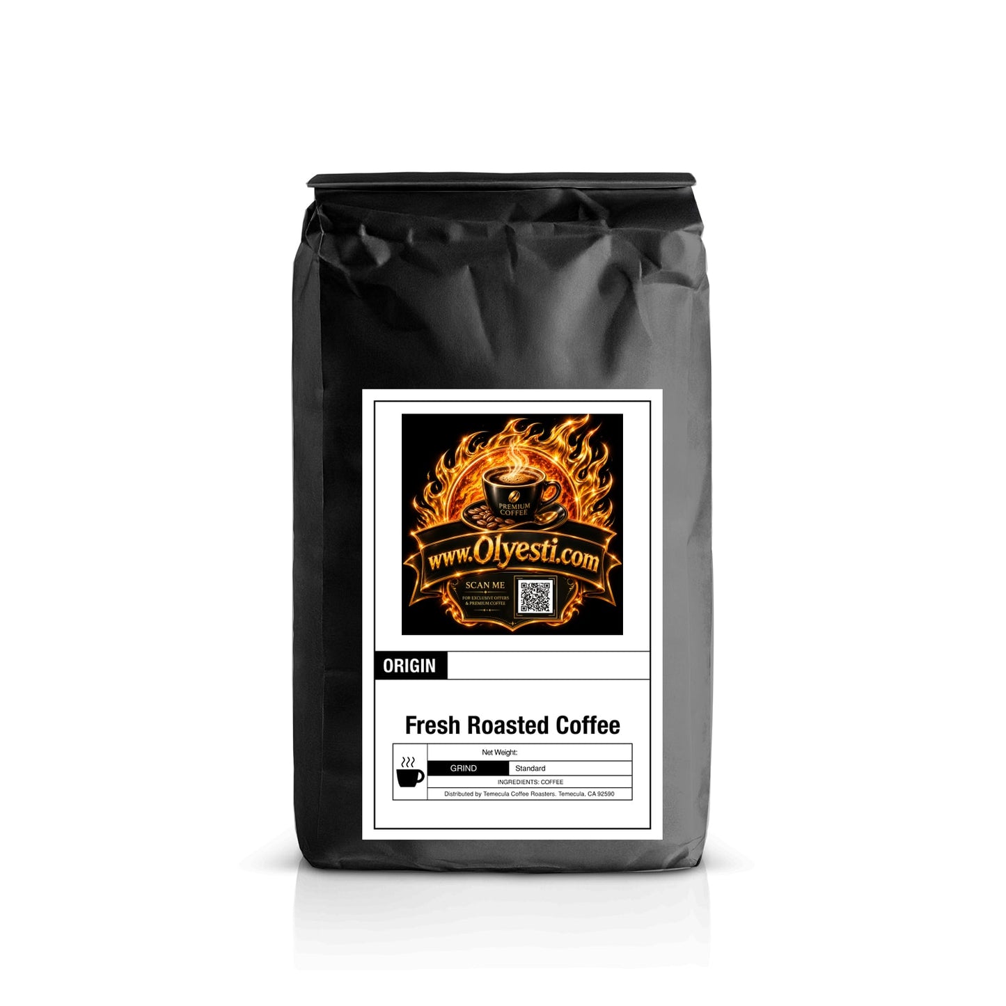 Black coffee bag with a label featuring a flame design and text on a white background