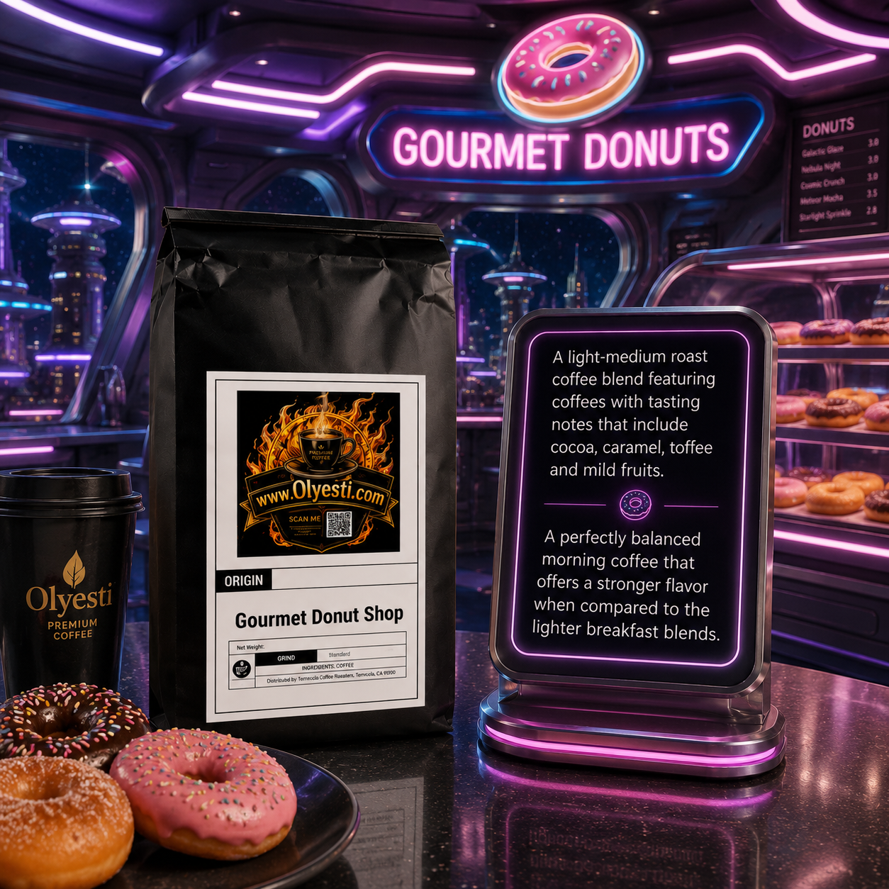 A coffee bag and a digital display screen in a futuristic donut shop setting. The bag is black with a white label reading 'Olyesti Gourmet Donut Shop'.