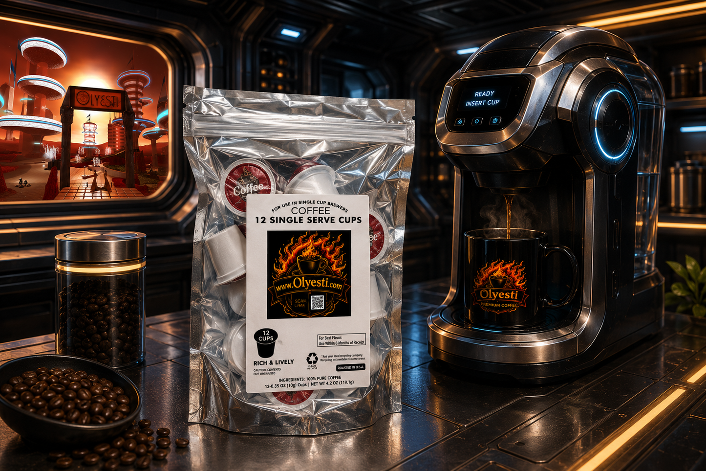 "Olyesti 12 Pack Single Serve Coffee Capsules pouch beside a coffee machine and mug in a futuristic kitchen — Keurig compatible fresh roasted coffee"