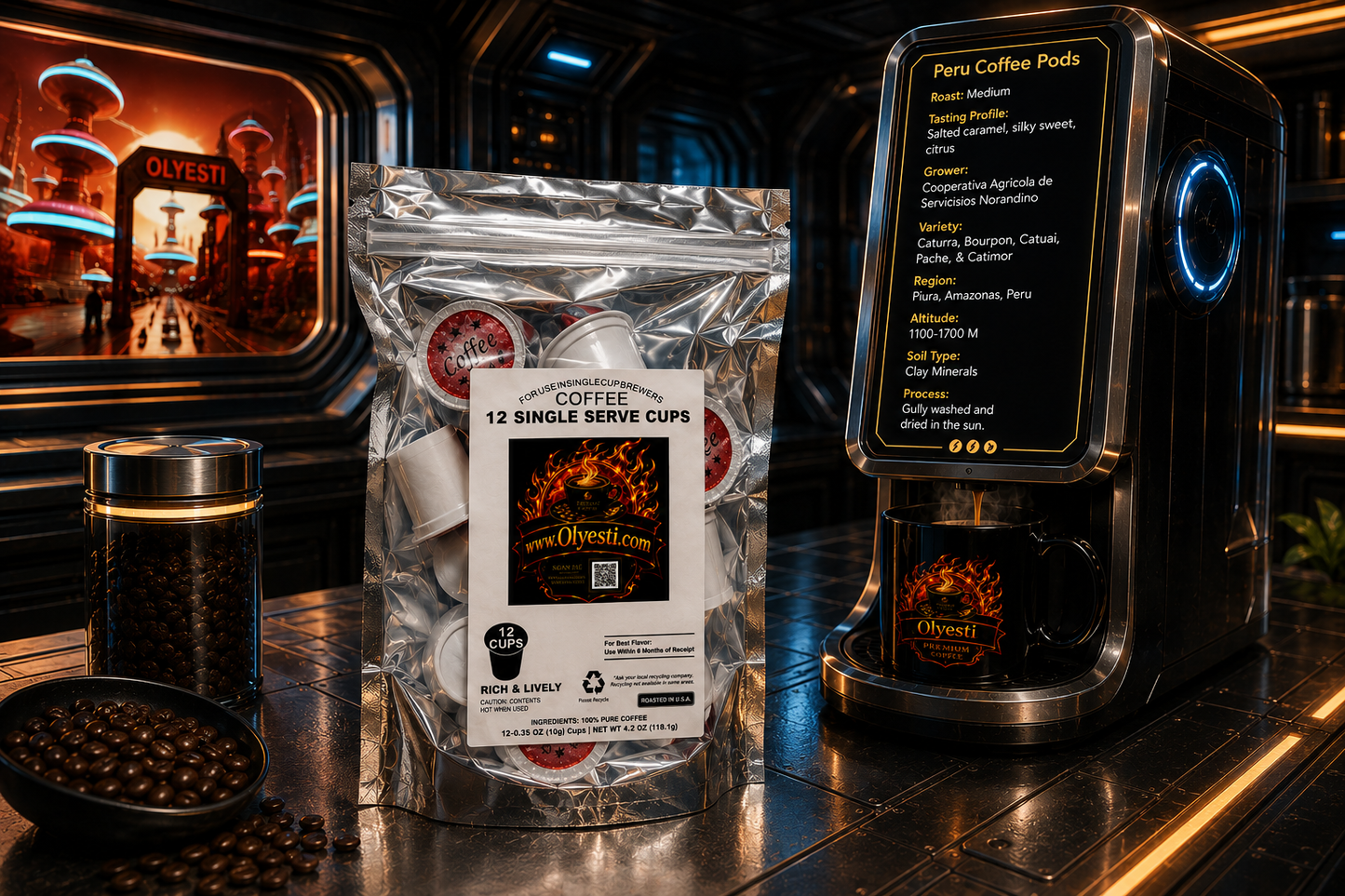 A silver bag of Peru Coffee Pods stands on a reflective countertop beside a black coffee pod dispenser and a small jar of coffee beans. The bag label reads 'Coffee 12 Single Serve Cups' and shows the Peru Coffee Pods branding.