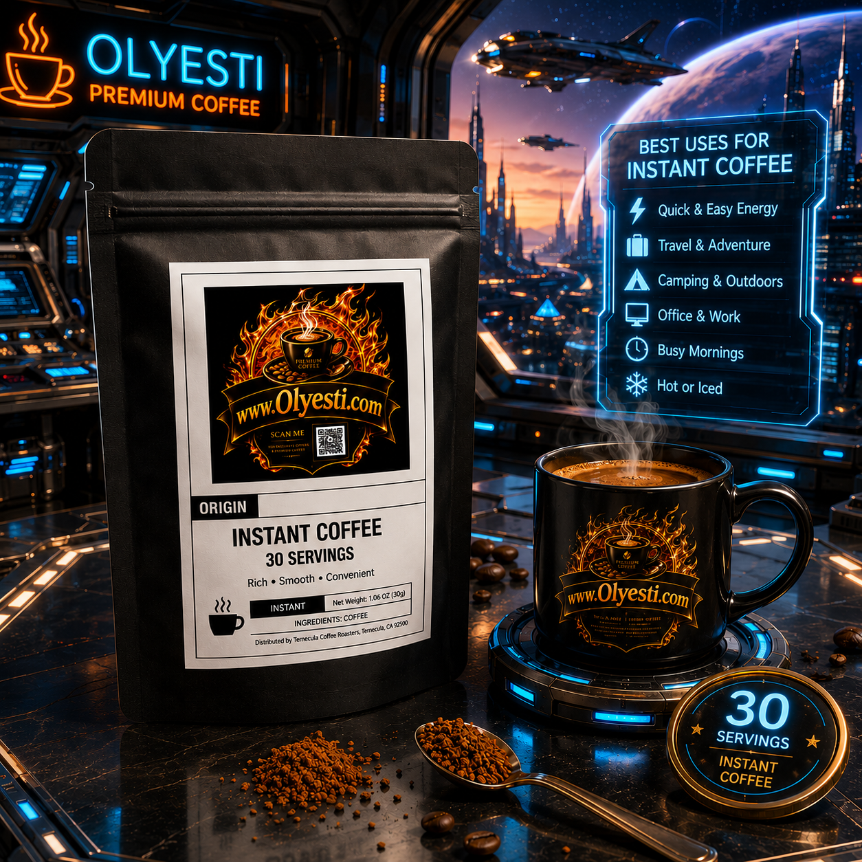 A black stand-up pouch of Olyesti Premium Coffee stands beside a matching black mug filled with coffee on a futuristic blue-lit countertop. The scene includes a coffee cup graphic, a '30 Servings' badge, and a sci-fi city background with overlaid usage text.