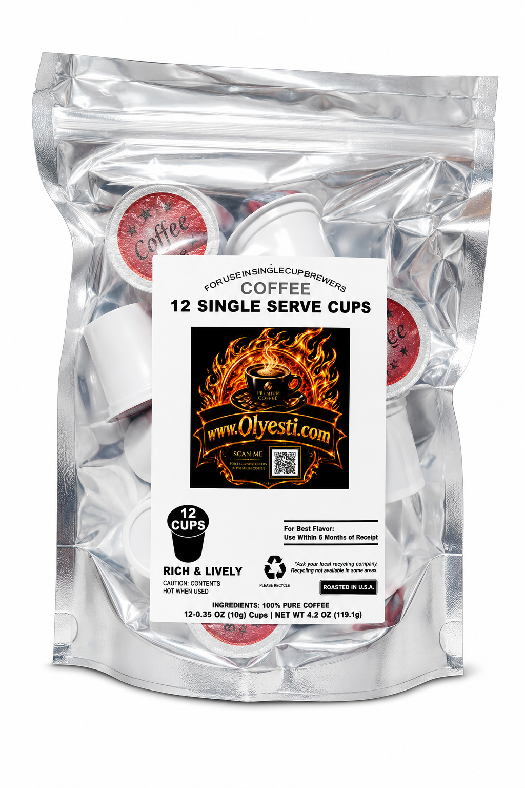 A silver resealable pouch of Olyesti Coffee 12 Single Serve Cups, with a white label in the center and coffee capsule tops visible through the transparent packaging. Kuerig compatable.
