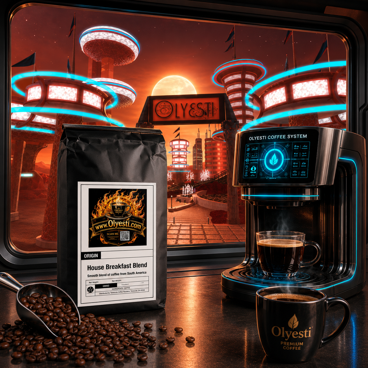 Olyvesti coffee system and coffee bag setup in a futuristic city window scene, with brewed coffee and beans on a counter.