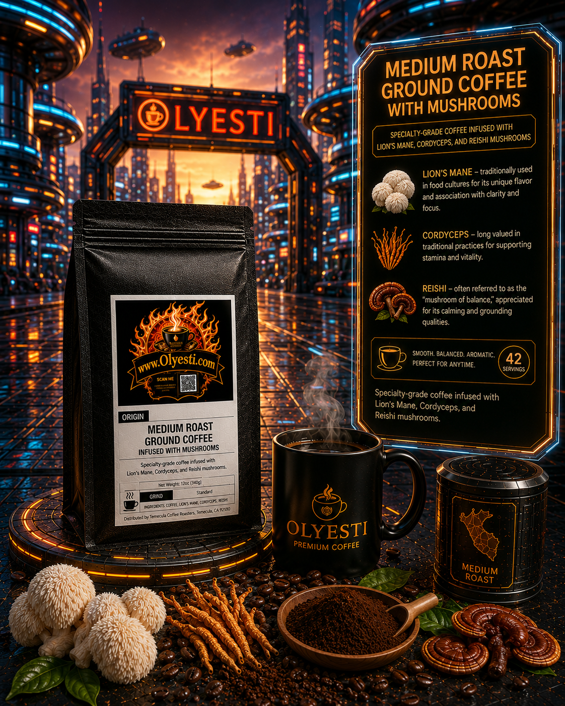 A coffee product display featuring a black bag of Olyesti Medium Roast Ground Coffee with Mushrooms, a steaming black mug, a black tin canister, a recipe card, and raw ingredients including mushrooms, turmeric, and cinnamon, set against a futuristic city backdrop.