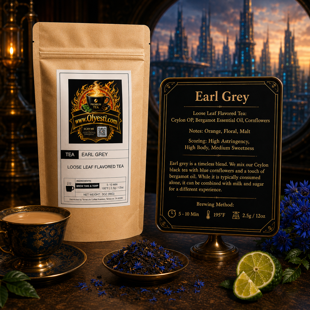 Olyvesti Earl Grey loose leaf flavored tea set against a gothic castle backdrop. The image features a kraft paper pouch with a white and black label, a detailed product information card, a cup of tea on a saucer, loose leaf tea in a small dish, and lime slices and blue flowers.