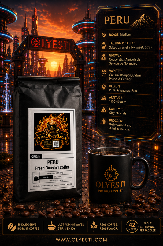 Promotional coffee product graphic for Olyesti Peru fresh roasted coffee, showing a black coffee bag with a white and gold label, a black coffee mug with Olyesti branding, and a detailed map-style panel with coffee origin facts. The scene is set against a stylized city skyline at sunset with coffee beans scattered in the foreground.
