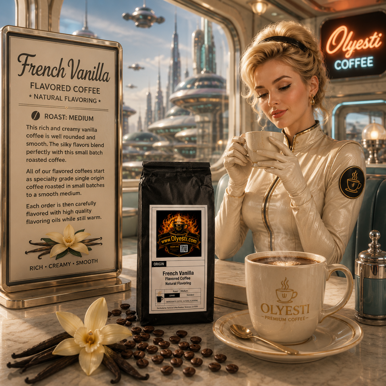 A styled coffee shop scene showing a bottle of Olyesi French Vanilla Roasted Coffee next to a printed flavor card, a white coffee mug with Olyesi branding, coffee beans, vanilla flowers, and a woman in a cream-colored futuristic dress looking into a reflective mirror.