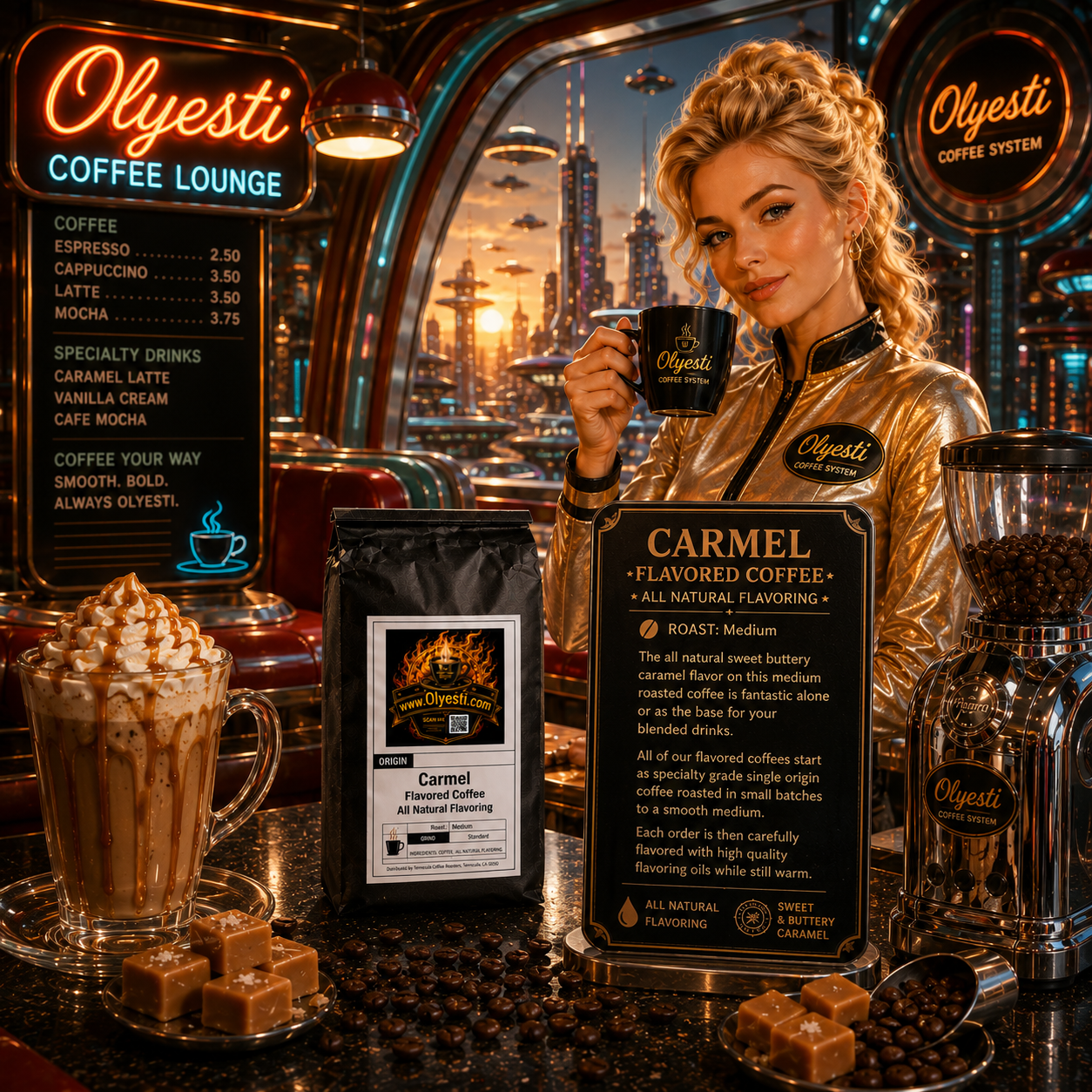 A woman in a metallic gold uniform stands behind a coffee bar counter holding a black mug, with branded coffee products, a menu board, caramel cubes, and a futuristic city scene visible through the shop interior. The brand name Olyesti is prominently visible on signage, cups, and packaging.