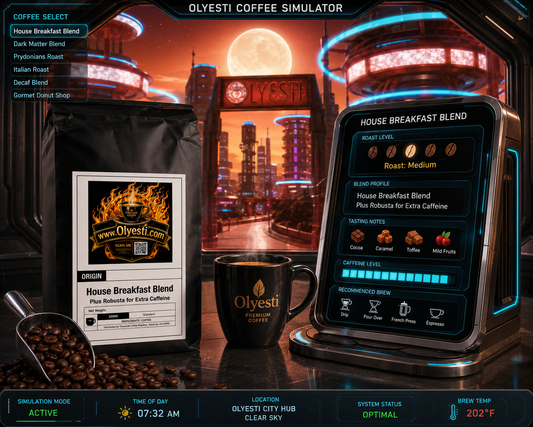"Olyesti Breakfast Blend Plus coffee bag with Robusta for extra caffeine, medium roast, displayed alongside a steaming black Olyesti mug and a futuristic coffee simulator interface showing tasting notes of cocoa, caramel, toffee, and mild fruits"
