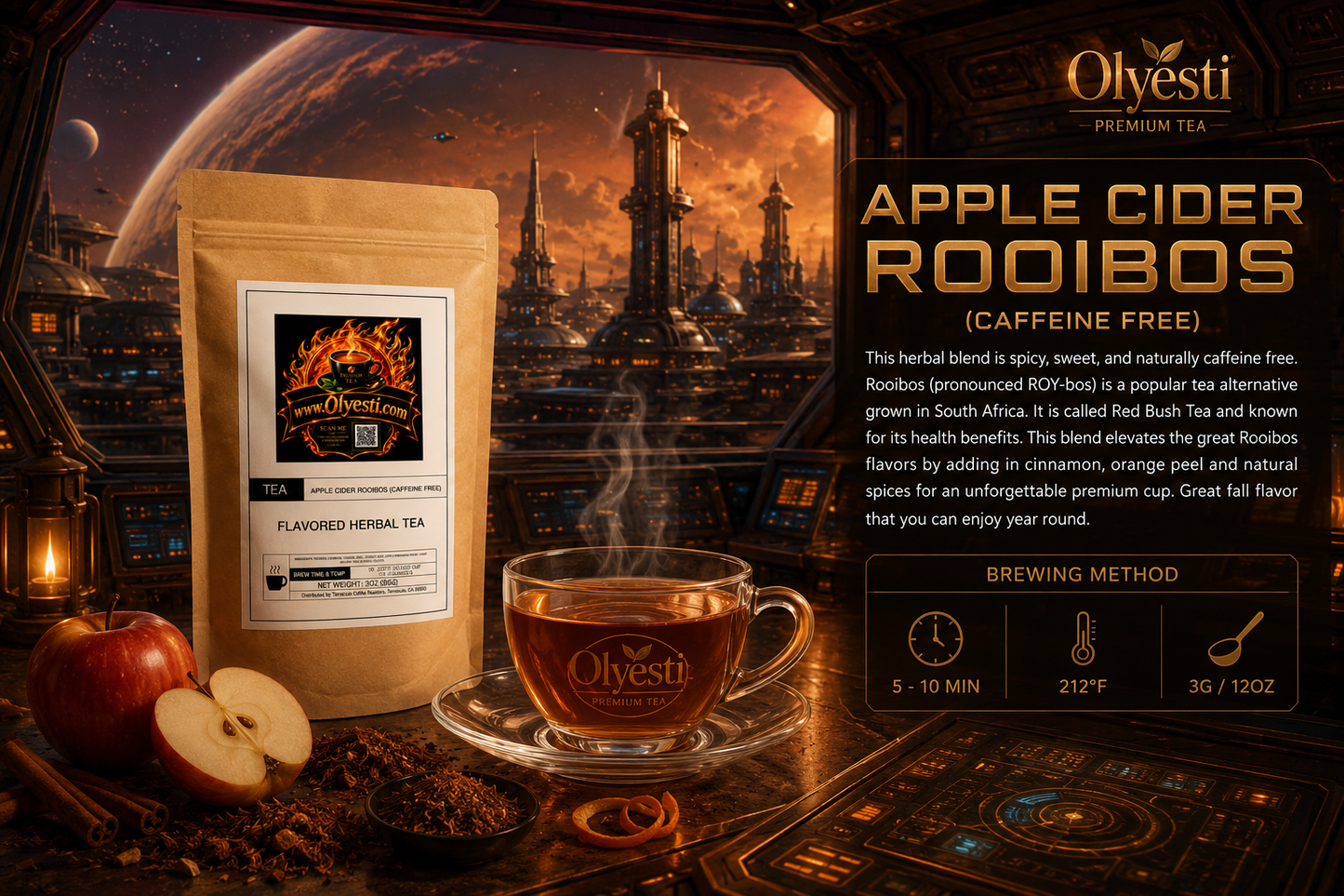 Olyesti Apple Cider Rooibos herbal tea advertisement showing a kraft paper pouch, a glass cup of brewed tea, apples, and spices against a sci-fi space city backdrop.