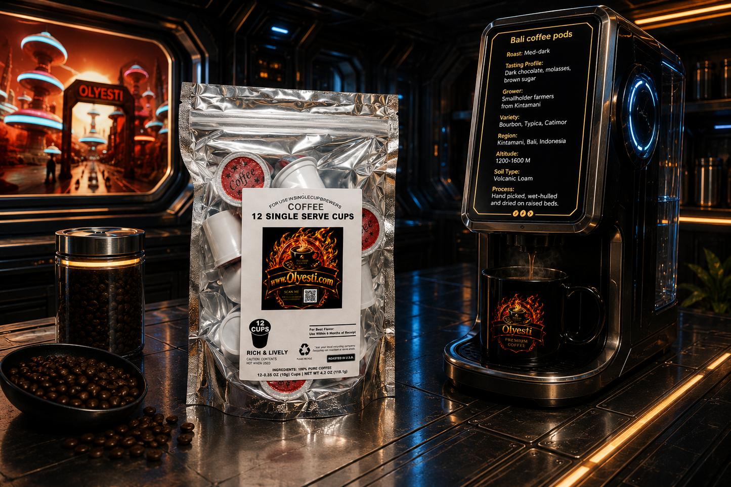 A stand-up pouch of coffee single-serve cups stands on a metallic counter beside a coffee maker dispensing cups and a jar of whole coffee beans. The pouch label reads Coffee Geekos, and the machine screen shows a recipe for salt coffee pods.