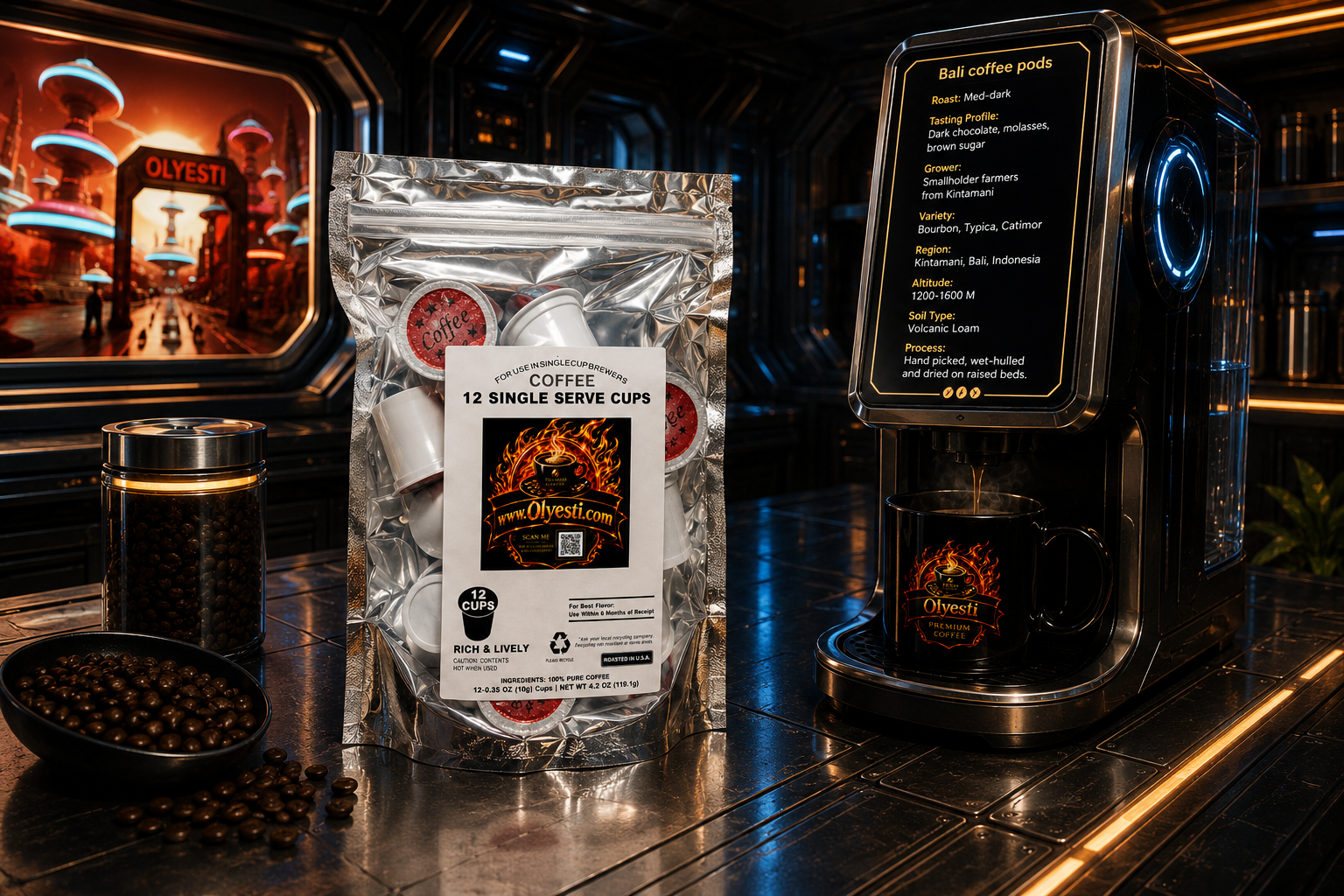 A stand-up pouch of coffee single-serve cups stands on a metallic counter beside a coffee maker dispensing cups and a jar of whole coffee beans. The pouch label reads Coffee Geekos, and the machine screen shows a recipe for salt coffee pods.