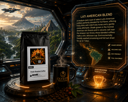 A coffee product display inside a futuristic spaceship cockpit. A black bag of Oldest Coffee Roasters 'Fresh Roasted Coffee' stands on a console next to a black ceramic mug with the Oldest Coffee logo.