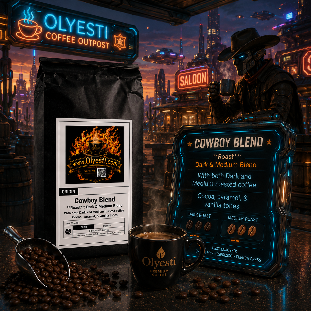 A styled product scene for Olyesti Coffee Outpost featuring a large black coffee bag labeled Cowboy Blend, a black coffee mug with the Olyesti logo, a scoop of coffee beans, and a glowing neon-style sign describing the blend. A person in a cowboy hat appears in the background holding a cup, with a neon-lit city street setting behind them.