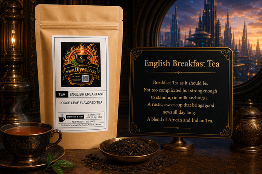 A stand-up pouch of English Breakfast Tea by Obeyst.com stands next to a decorative sign with tea lore, styled on a dark table with a teacup, loose leaves, and a fantasy cityscape background.