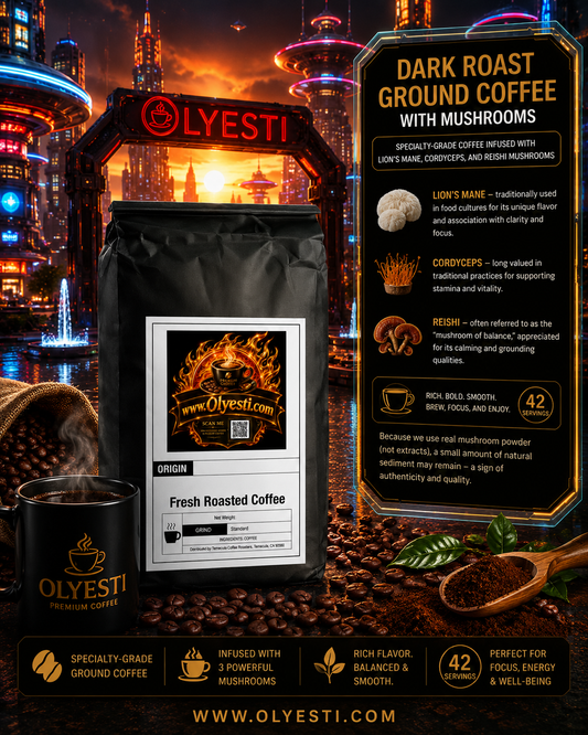 A coffee product advertisement showing a black bag of Olyesti Dark Roast Ground Coffee with Mushrooms, a matching black cup, and an informational graphic panel, set against a neon-lit sci-fi city backdrop with coffee beans and spices.