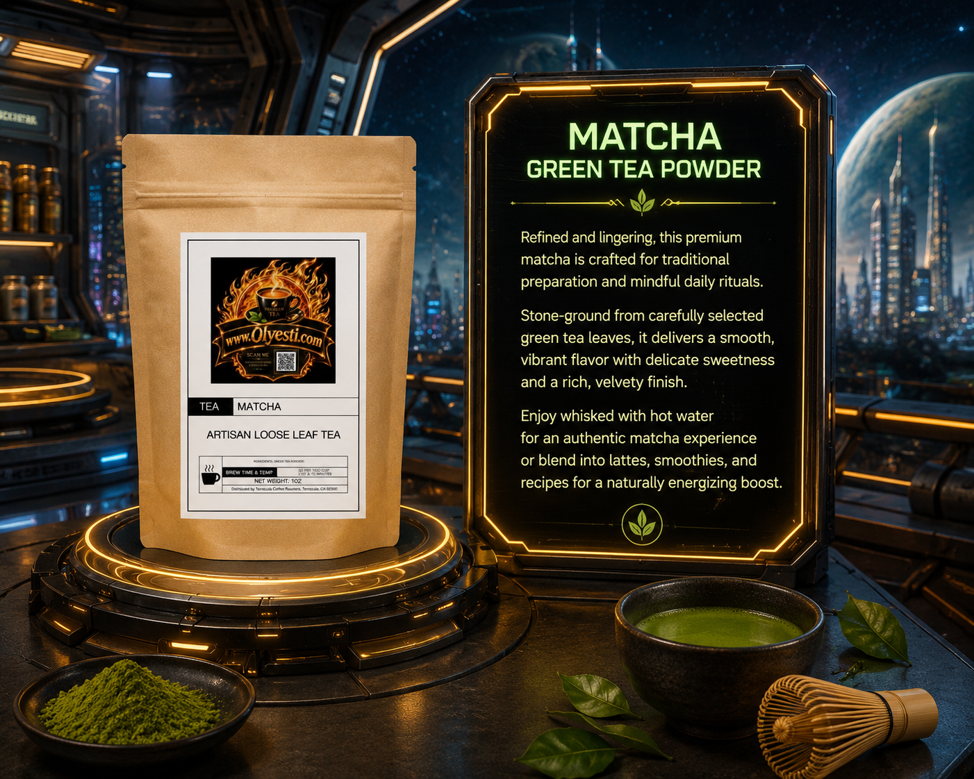 A stand-up pouch of artisan loose leaf tea labeled 'Matcha Green Tea Powder' stands beside a glowing informational sign in a futuristic dark room. Small bowls and a whisk with green powder and leaves are arranged on a table, suggesting a tea product listing.