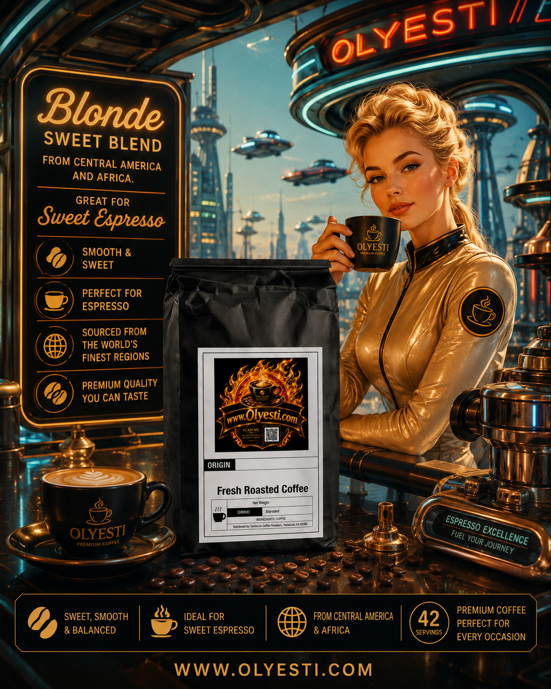 A styled promotional scene for Olyesti coffee featuring a black bag of 'Blonde Sweet Blend' coffee in the center, with a blonde woman in a metallic gold futuristic outfit holding a coffee cup. The background depicts a detailed sci-fi coffee shop interior with neon signs, bar equipment, and informational text panels detailing the coffee's origin and flavor profile.