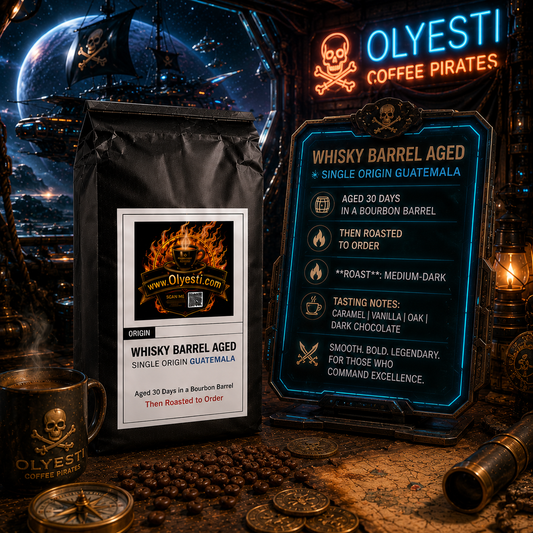 A black bag of Olyesti Coffee Pirates whiskys barrel aged single origin Guatemala coffee stands next to a glowing blue product info sign. The scene is styled as a pirate-themed room with a neon sign, coins, a mug, and a telescope against a dark space background.