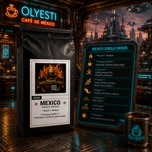 A black bag of Olyesti Mexico Single Origin coffee stands next to a digital information card and a small branded cup in a futuristic sci-fi cafe interior.