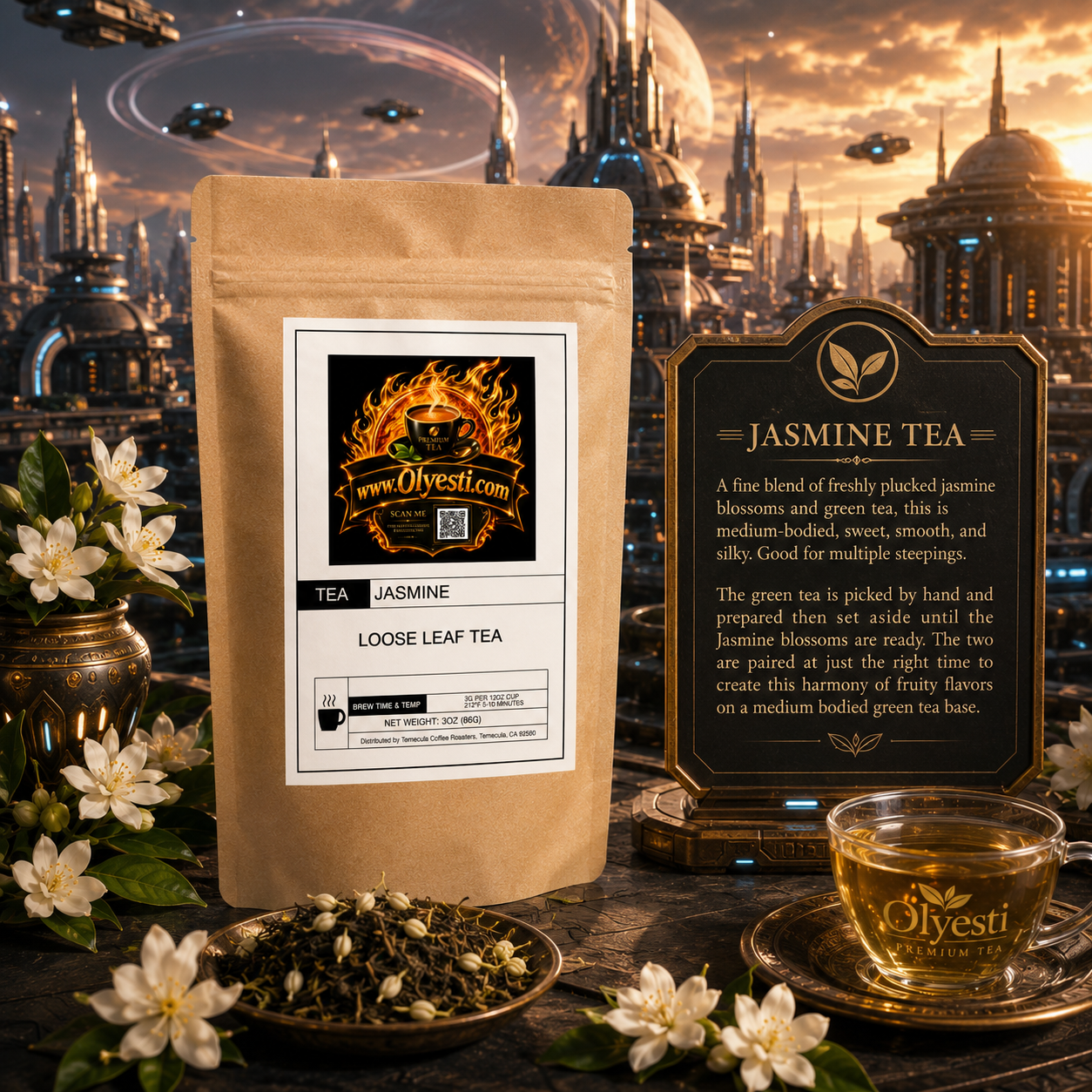 "OLYESTI Jasmine Loose Leaf Tea 3oz kraft bag with jasmine blossoms, loose tea leaves, and a glass cup of brewed green tea"