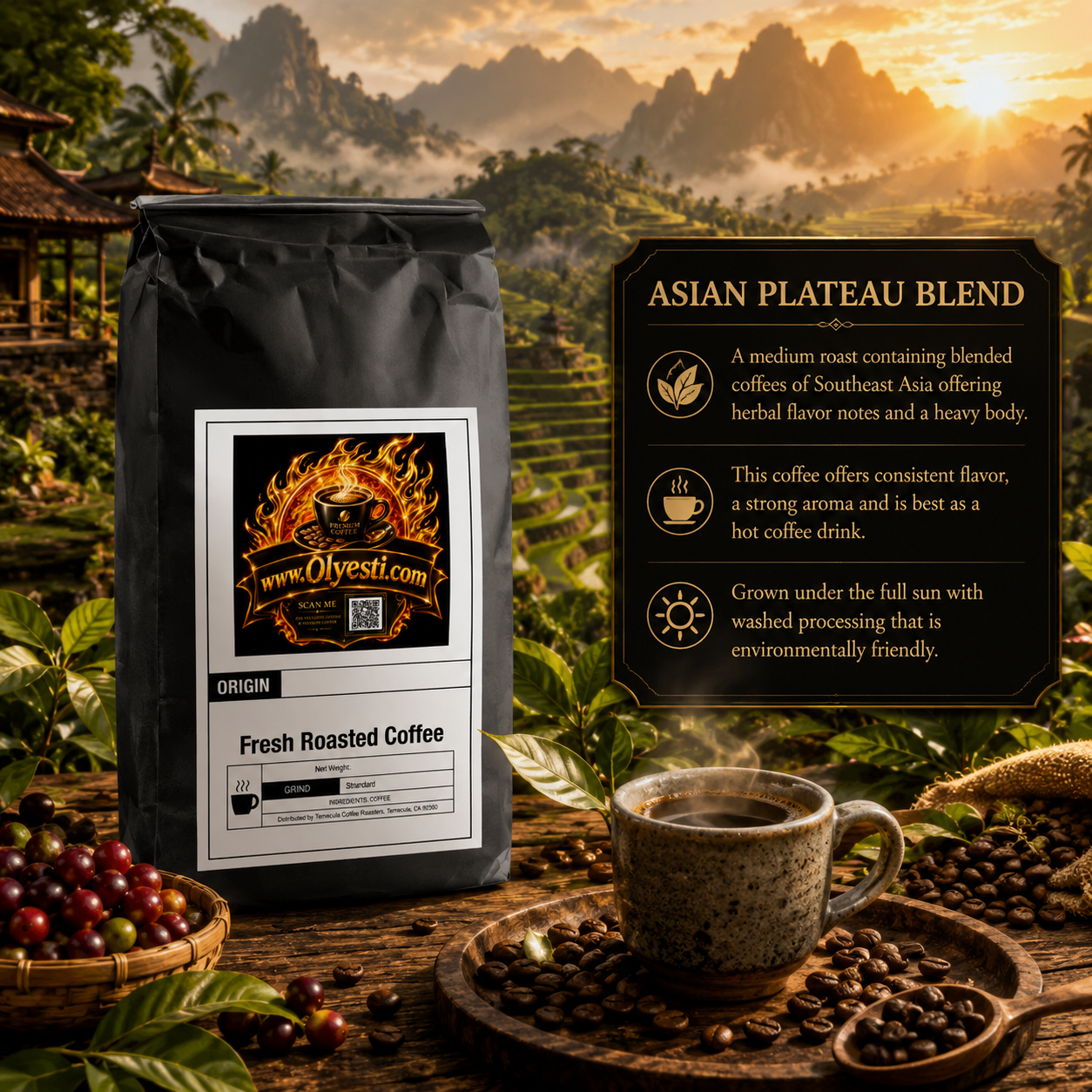 A bag of Olyesti Asian Plateau Blend fresh roasted coffee stands on a rustic wooden table with a cup of coffee, coffee beans, and red coffee cherries in the foreground.