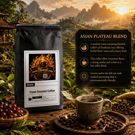 A bag of Olyesti Asian Plateau Blend fresh roasted coffee stands on a rustic wooden table with a cup of coffee, coffee beans, and red coffee cherries in the foreground.