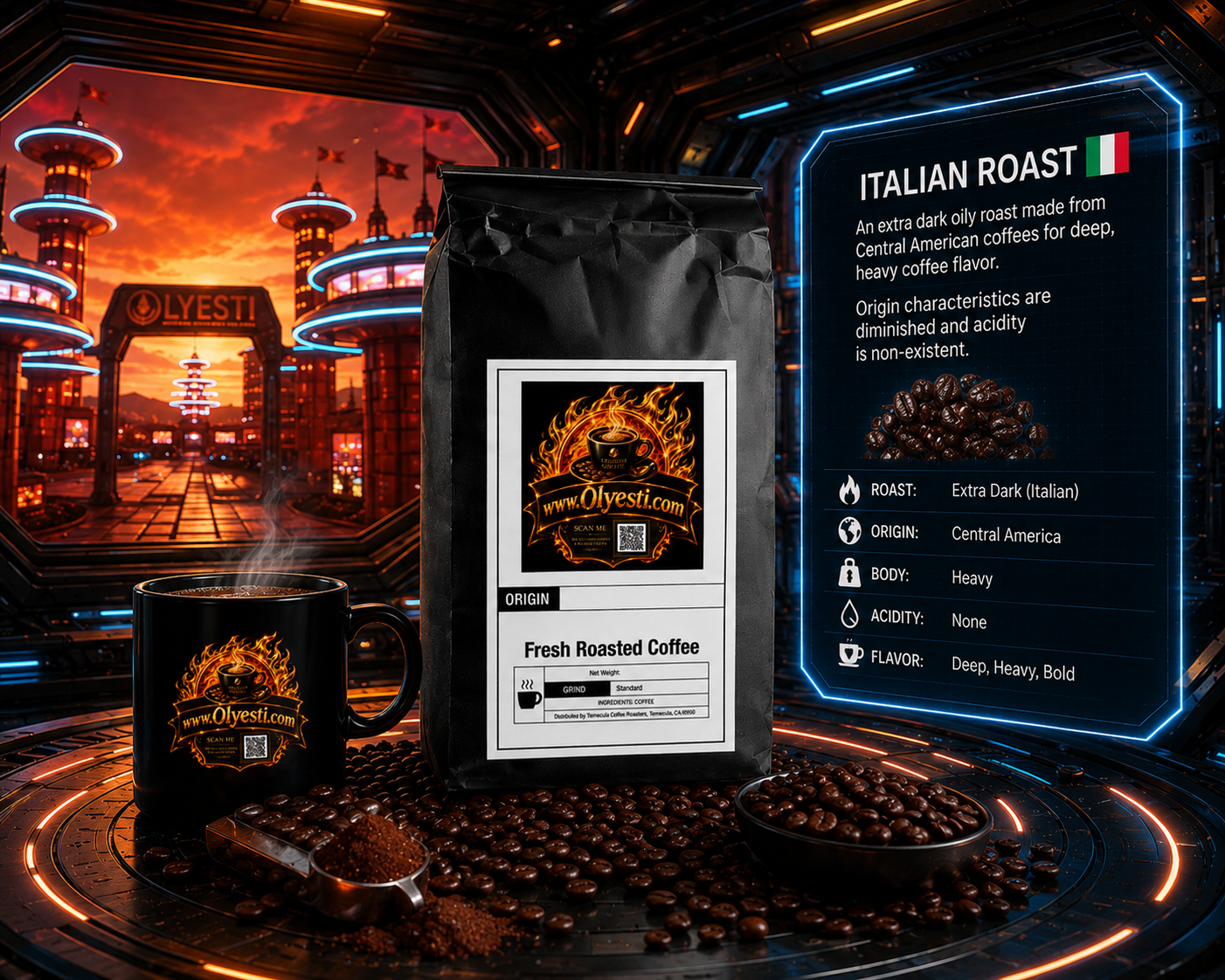 "Olyesti Italian Roast coffee bag with black mug and coffee beans, futuristic display showing extra dark Central American roast details — bold, heavy flavor