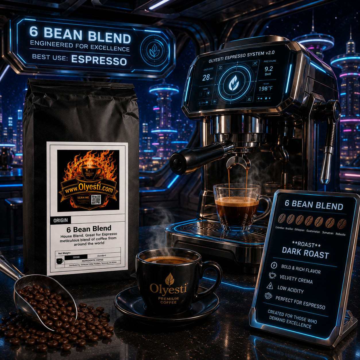 Olyesti Premium Coffee 6 Bean Blend dark roast espresso coffee, shown with its black packaging bag, a steaming black coffee cup on a saucer, a digital espresso machine dispensing espresso, scattered coffee beans, and informational display screens in a futuristic cyberpunk setting.