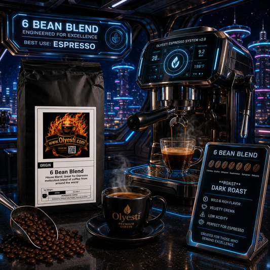 Olyesti Premium Coffee 6 Bean Blend dark roast espresso coffee, shown with its black packaging bag, a steaming black coffee cup on a saucer, a digital espresso machine dispensing espresso, scattered coffee beans, and informational display screens in a futuristic cyberpunk setting.