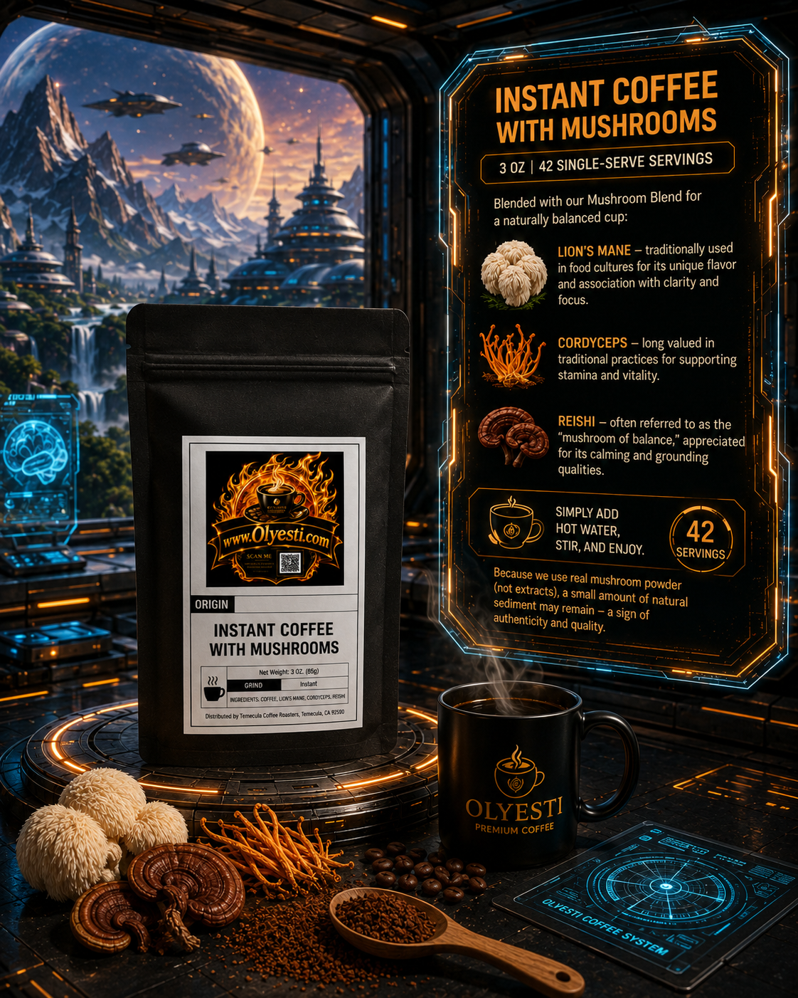 A styled product scene showing a black bag of Olyesti Instant Coffee with Mushrooms alongside a matching black mug, loose coffee beans, sliced mushrooms, and a glowing informational panel. The background is a futuristic sci-fi landscape with planets and spacecraft, creating a dramatic environment.