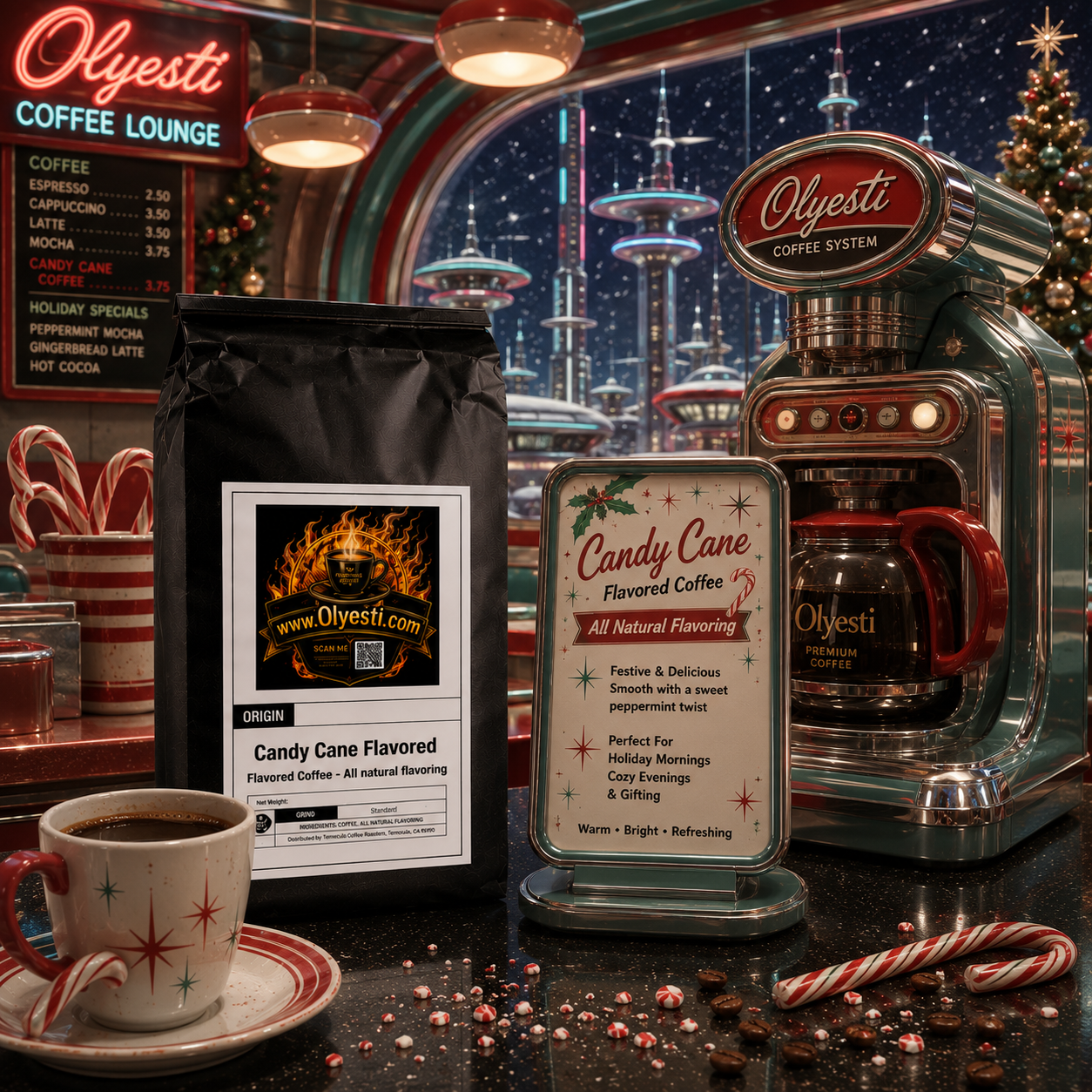Olyesti Coffee System and Candy Cane flavored coffee setup in a festive holiday coffee lounge scene. The image features a black bag of Candy Cane Flavored coffee, a digital menu sign, a retro-style Olyesti coffee machine, a cup of coffee, and candy canes on a dark counter with a snowy night sky background.