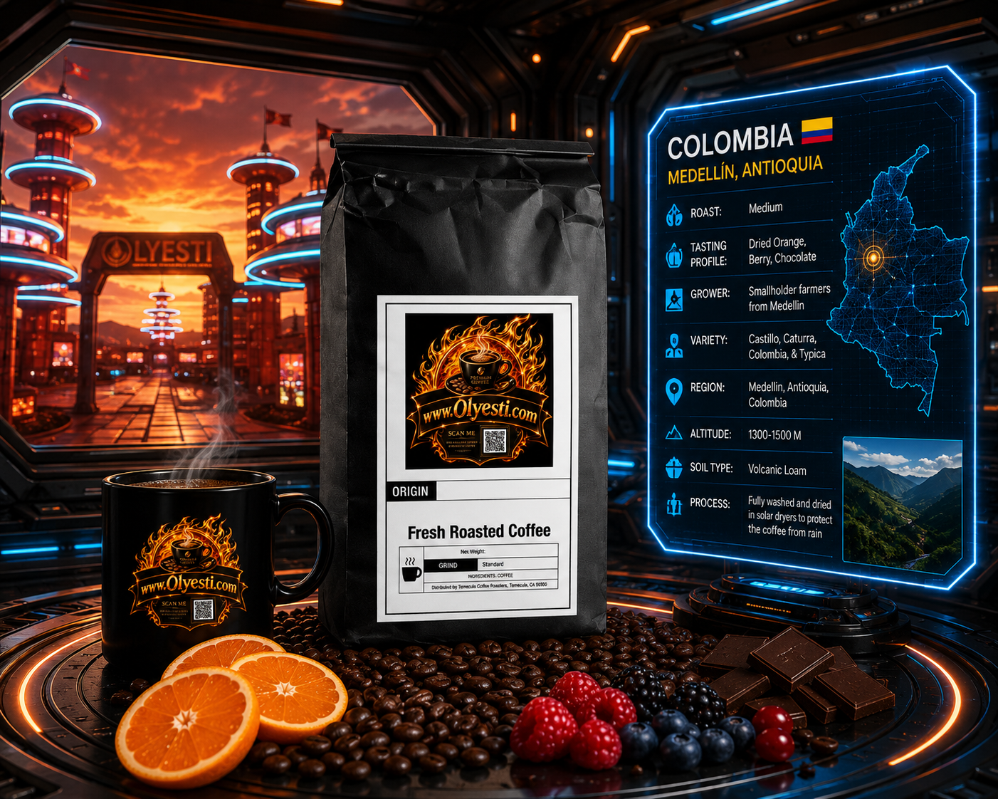 "Olyesti Colombia coffee bag with black mug, fresh fruit, and futuristic origin display showing Medellín Antioquia grower details — medium roast single origin"