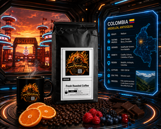 "Olyesti Colombia coffee bag with black mug, fresh fruit, and futuristic origin display showing Medellín Antioquia grower details — medium roast single origin"